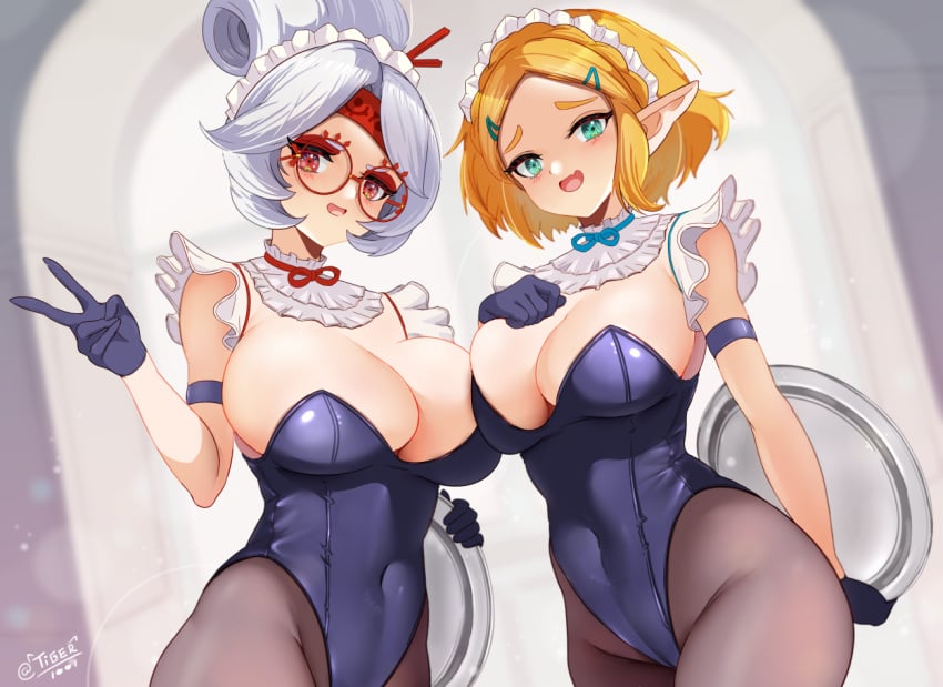 2girls alternate_costume arm_strap black_pantyhose blonde_hair blue_gloves blue_leotard blush breasts cleavage covered_navel detached_collar forehead glasses gloves green_eyes hair_ornament hairclip headband large_breasts leotard looking_at_viewer maid_headdress multiple_girls nintendo oerba_yun_fang pantyhose plate pointy_ears princess_zelda purah red-framed_eyewear red_eyes red_headband round_eyewear short_hair skin_fang smile tears_of_the_kingdom the_legend_of_zelda the_legend_of_zelda:_tears_of_the_kingdom tiger1001 v white_hair zelda_(tears_of_the_kingdom)