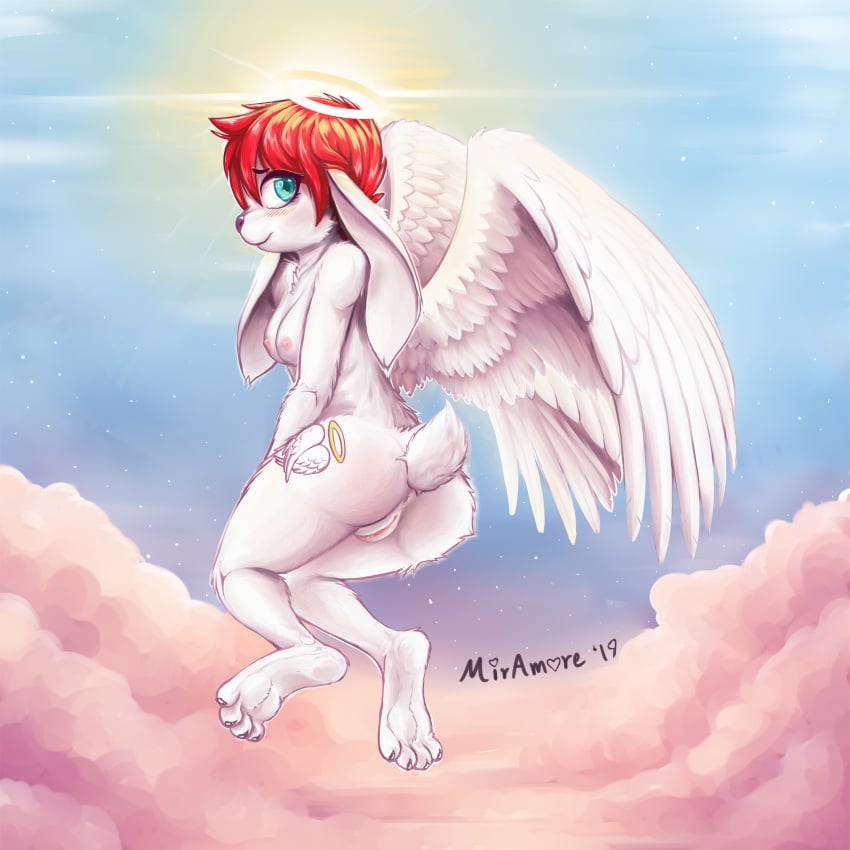 1:1 2019 absurd_res angel anthro anus ass black_nose blue_eyes blush breasts claws cloud dated digital_media_(artwork) domestic_rabbit feathered_wings feathers female floppy_ears fur genitals hair halo hi_res hindpaw kira_sher lagomorph leporid long_ears looking_at_viewer lop_ears lop_rabbit mammal miramore monotone_body monotone_fur nipples nude oryctolagus outside paws pink_nipples pinup pose pussy rabbit red_hair signature simple_background sky small_tail smile solo solo_focus tattoo tongue tuft white_body white_fur white_tail white_wings wings