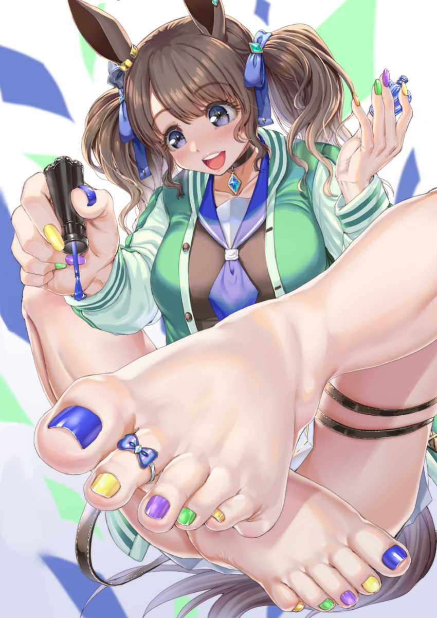 2d absurd_res artist_request brown_hair cute fashion feet foot_fetish foot_focus girly happy painted_toenails plain_background solo_female toe_ring toenail_polish toenails toes twintails