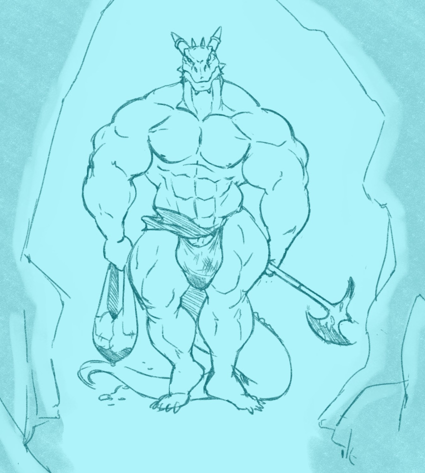 abs anthro argonian axe big_bulge big_muscles bulge facing_viewer horns loincloth male male_only muscles muscular muscular_anthro muscular_male pecs penis_peek reptile reusoir scalie sketch solo solo_focus solo_male the_elder_scrolls