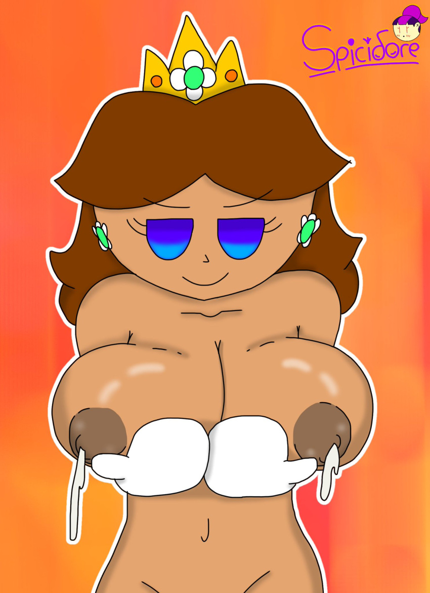 1girls big_breasts blue_eyes breasts brown_hair female female_only holding_breast lactation looking_at_viewer mario_(series) nintendo nipples nude princess_daisy simple_background smile solo spicidore standing