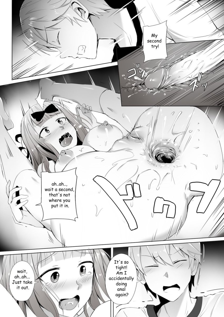 1boy 1girls anal anus big_breasts black_and_white breasts busty chocolate_starfish comic detailed_anus doujin doujinshi english english_text fujiwara_chika ginhaha greyscale kaguya-sama_wa_kokurasetai_~tensai-tachi_no_renai_zunousen~ large_breasts monochrome more_at_source nipples nude on_back penis pussy sex spread_anus spread_legs straight straight_sex surprised sweat tagme text translated uncensored x-ray