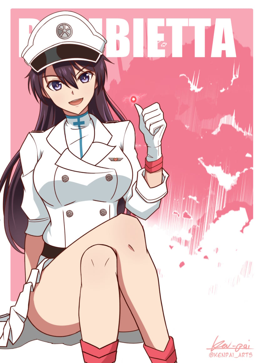 >:) absurdres artist_name bambietta_basterbine black_hair bleach bleach:_sennen_kessen-hen bleach:_the_thousand-year_blood_war blue_eyes breasts character_name crossed_legs energy_ball eyelashes female gloves hair_between_eyes hat heart high_collar highres ken-pai_(kenpai_arts) large_breasts legs_up long_hair long_legs long_sleeves looking_at_viewer military military_hat military_uniform miniskirt open_mouth peaked_cap pink_background pleated_skirt signature simple_background sitting skirt smile solo teeth thighs thumbs_up uniform upper_teeth_only v-shaped_eyebrows white_gloves white_headwear