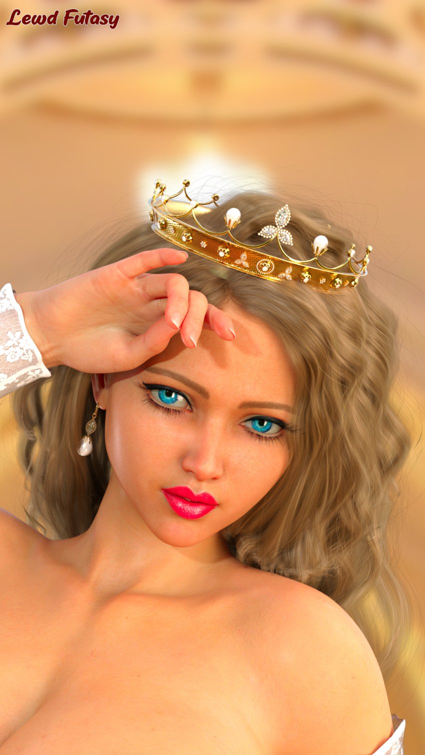 1futa 3d 3d_(artwork) blonde_hair blue_eyes breasts close_up crown footwear futa_only futanari hair human indoors lewdfutasy light-skinned_futanari light_skin lips lipstick looking_at_viewer mario_(series) penis pink_lipstick princess_peach royalty sleeves slushe_(website) smile solo solo_futa