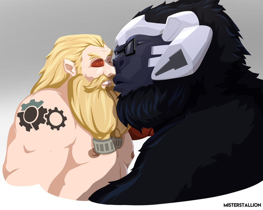 2boys ape beard blizzard_entertainment facial_hair gorilla haplorhine hi_res human kissing male male/male male_only mammal misterstallion moustache nude overwatch primate tagme torbjörn video_games winston_(overwatch) yaoi