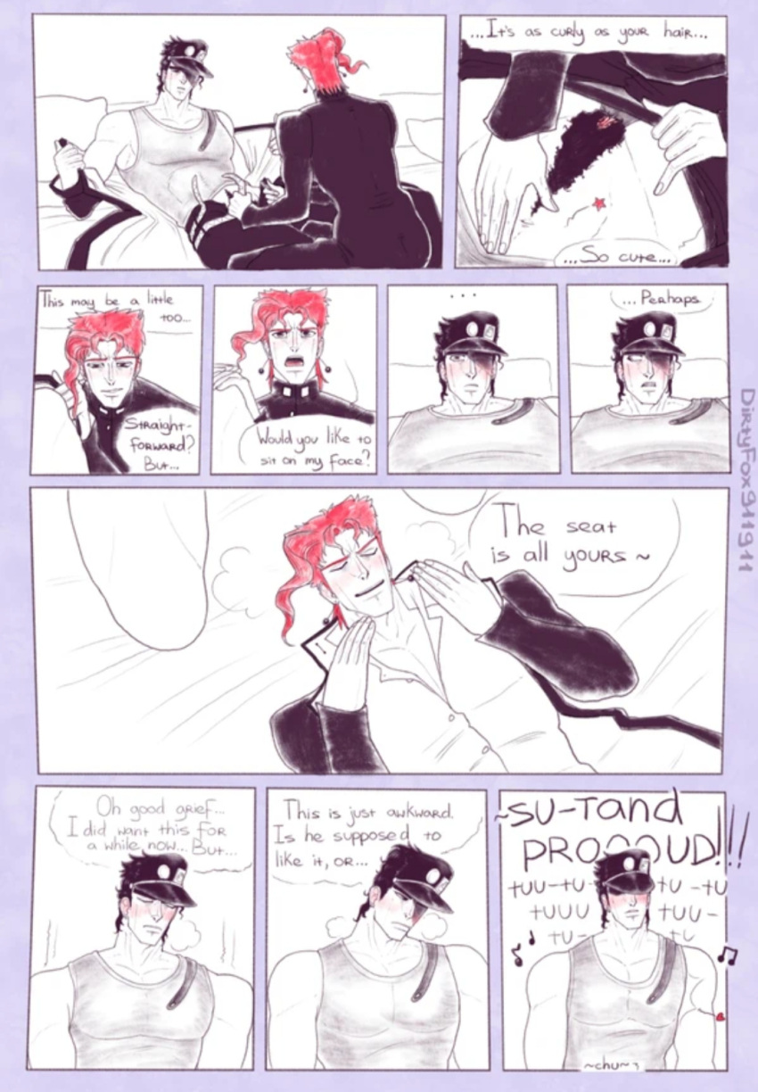 1boy 1cuntboy comic comic_page cunnilingus cuntboy dialogue facesitting hairy_pussy intersex jojo's_bizarre_adventure jotaro_kujo miserdirt noriaki_kakyoin partially_colored stardust_crusaders