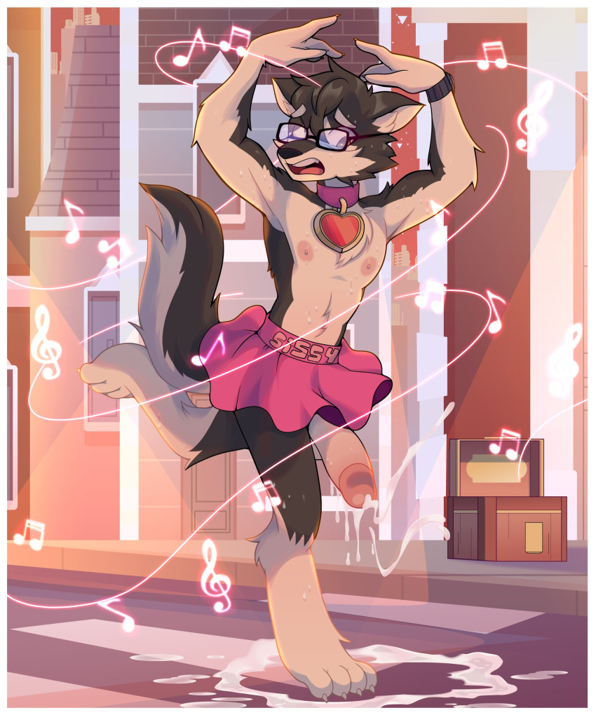 1boy 1furry big_penis commission cum_drip cum_on_floor cumming dancing definetelyyuu furry hypnosis iamyuu mind_control necklace neighborhood oc original original_character skirt skirt_on_male skirt_only tail yuunsfw