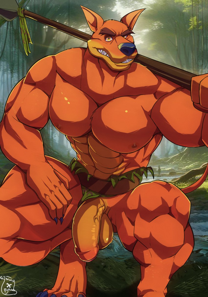 1boy 2023 abs activision anthro balls bara blazar bottomwear claws clothed clothing crash_(series) dasyuromorph detailed_background flaccid flaccid_penis forest fur furry furry_only gay genitals hi_res humanoid_genitalia humanoid_penis jungle loincloth male male_only mammal marsupial melee_weapon mostly_nude muscular muscular_anthro muscular_male nipples orange_body orange_eyes orange_fur pecs penis plant polearm solo spear tagme teeth thylacine tiny_tiger topless tree veiny_penis weapon