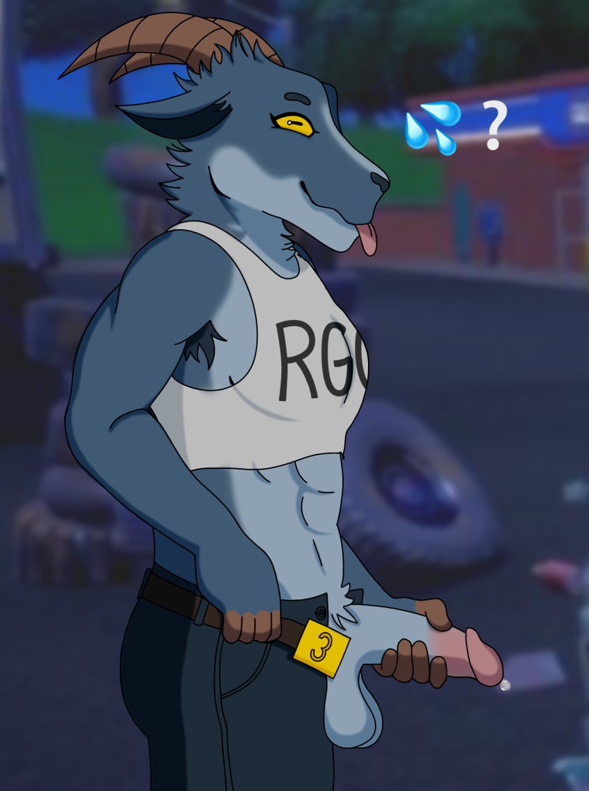 1boy absurd_res anthro armpit_hair balls bodily_fluids body_hair bottomwear bovid caprine clothed clothing epic_games erection exhibitionism fortnite fwckin_brainrot genderswap_(ftm) genital_fluids genitals goat goat_simulator hi_res horn humanoid looking_at_viewer male male_only mammal muscular open_bottomwear open_clothing open_pants pants penis pilgor_(goat_simulator) precum presenting rule_63 simple_background solo solo_male tongue tongue_out topwear