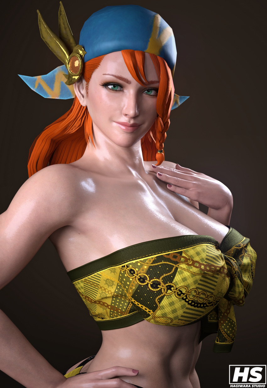 1girls 3d abs bandana breasts capcom female female_only ginger_hair green_eyes hagiwara_studio high_resolution highres minayle monster_hunter monster_hunter_rise orange_hair solo