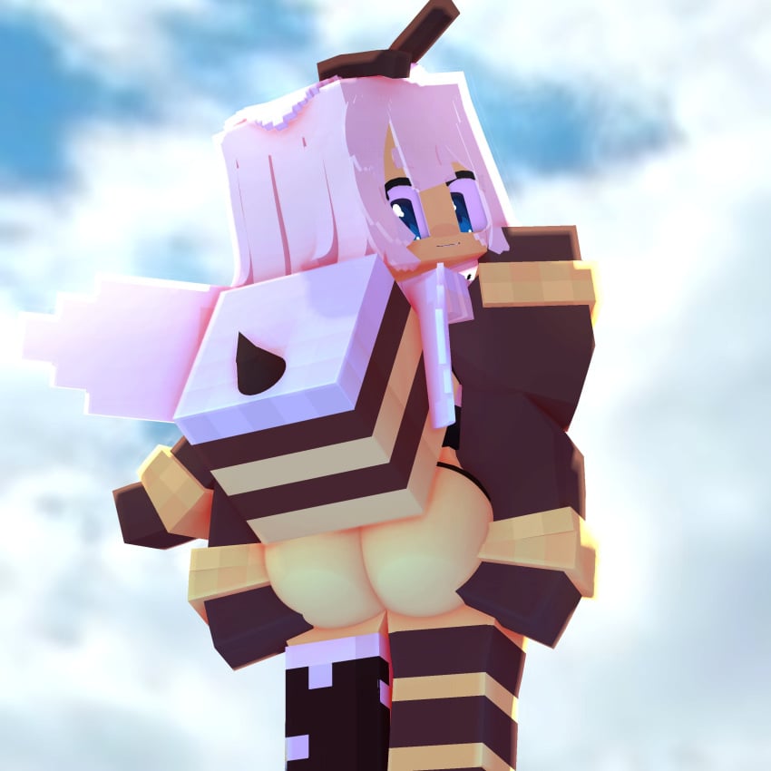 1girls 3d ass ass_focus ass_grab bee bee_(minecraft) bee_girl bee_humanoid blue_eyes female furry horny_female looking_at_viewer looking_back mine-imator minecraft outside smile sulty tagme tg999 viewed_from_behind white_hair