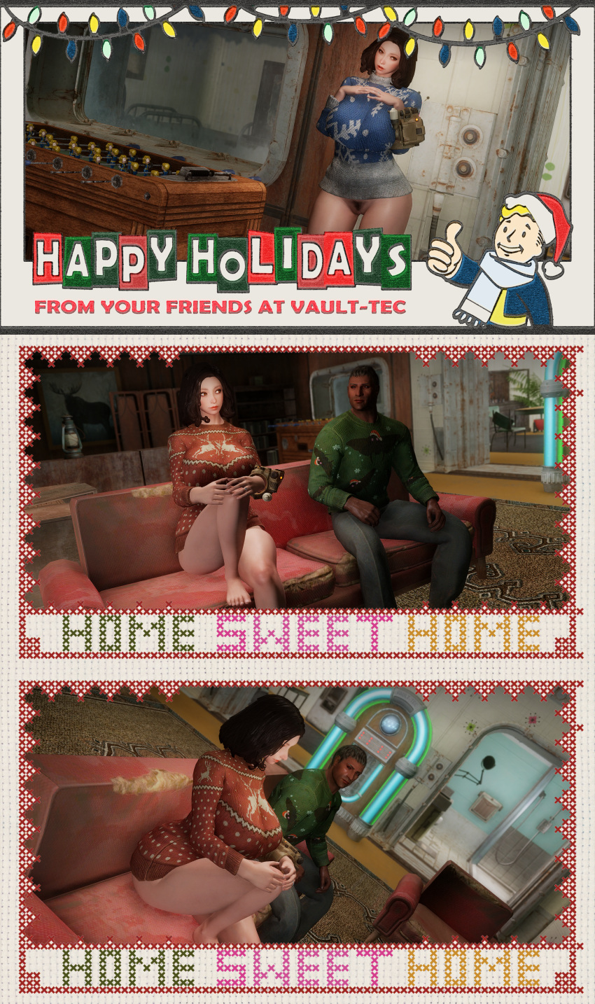 3d bethesda_softworks bottomless_female couch emotrashcan fallout half_naked pubic_hair screenshot sweater sweater_only vault_dweller