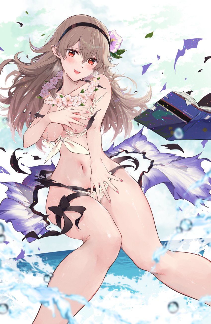 1girls alternate_costume areolae bare_arms bare_legs bare_midriff bare_shoulders bikini bikini_skirt blush book breasts breasts_out brown_hair bubble collarbone corrin_(female)_(fire_emblem) corrin_(female)_(summer)_(fire_emblem) corrin_(fire_emblem) corrin_(fire_emblem)_(female) covering covering_breasts covering_crotch covering_privates exposed_breasts female female_only fire_emblem fire_emblem_fates fire_emblem_heroes flower flower_necklace grey_hair hair_flower hair_ornament hairband heavy_breathing highres legs long_hair looking_at_viewer medium_breasts midriff nail_polish navel nintendo nipples ocean official_alternate_costume open_mouth outdoors pink_nails pointy_ears red_eyes shoulders shy shy_smile sky smile solo splash sweat swimsuit torn_bikini torn_clothes wardrobe_malfunction water wet white_background white_bikini white_swimsuit yuuri_(orz_commushows)