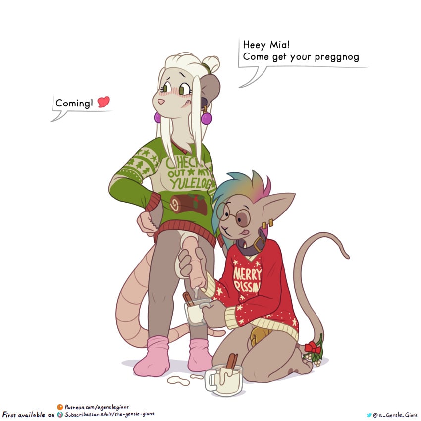 2023 american_opossum animal_genitalia animal_penis anthro anthro_on_anthro big_penis biped blush casual chastity_cage chastity_device christmas christmas_clothing christmas_sweater christmas_topwear clothing collar cum_in_a_cup daniela_idril digital_media_(artwork) domestic_cat duo ear_piercing english_text equine_genitalia equine_penis eyewear felid feline felis footwear fur futanari genitals glasses green_clothing green_eyes green_sweater green_topwear grey_body grey_fur gynomorph gynomorph/gynomorph hair hairless hairless_cat hand_on_penis heart hi_res holidays intersex intersex/intersex interspecies kneeling long_hair mammal marsupial mistletoe_on_tail multicolored_hair olivia_idril penis piercing pink_clothing pink_footwear pink_penis pink_socks rainbow_hair round_glasses socks sphynx_(cat) standing sweater text the_gentle_giant toony topwear virginia_opossum white_body white_fur white_hair