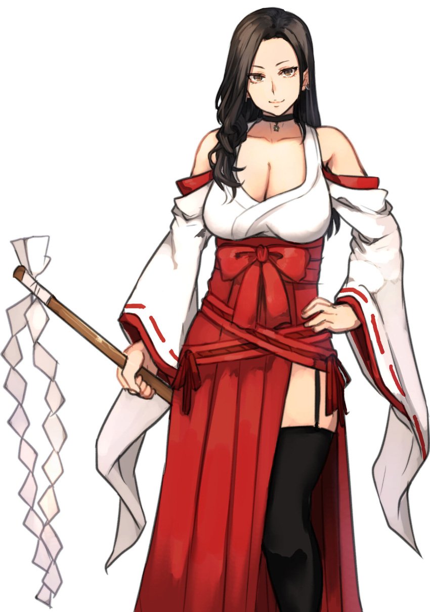 1girls 2018 bare_shoulders black_hair breasts brown_eyes choker cleavage detached_sleeves earrings eyeliner female female_only garter_straps gohei gyaru hakama hand_on_hip highres holding_gohei japanese_clothes jewelry large_breasts long_hair looking_at_viewer makeup miko miko_daughter_(first_daughter)_(pepe_(jonasan)) original pepe_(jonasan) red_hakama shide shrine_maiden simple_background smile solo thick_thighs thighhighs thighs white_background wide_sleeves zettai_ryouiki