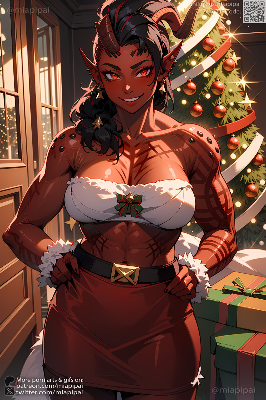 1girls 2023 abs ai_generated anime_style artist_name asymmetrical_hair backlighting baldur's_gate baldur's_gate_3 bangs bare_shoulders belt belt_buckle biceps black_belt black_hair box breasts buckle busty christmas christmas_lights christmas_ornaments christmas_outfit christmas_tree collarbone colored_skin cowboy_shot demon_girl dungeons_and_dragons earrings embarrassed female female_focus game gift gift_box grin hair_over_shoulder hands_on_hips hi_res horns indoors jewelry karlach large_breasts long_hair looking_at_viewer merry_christmas meta:ai-assisted miapipai midriff multicolored_hair muscular muscular_female navel one_girl patreon patreon_username pointy_ears red_eyes red_skin red_skirt santa_costume self_upload sensual skirt smile solo stable_diffusion standing tattoo teeth tiefling tube_top twitter twitter_username video_game video_game_character video_games