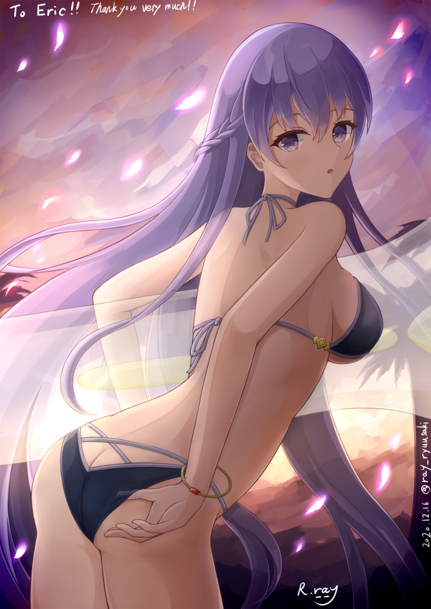 1girls absurdly_long_hair absurdres adjusting_clothes adjusting_panties adjusting_swimsuit ass back bangs big_ass bikini black_bikini bracelet braid breasts commission dated eyebrows_visible_through_hair female fire_emblem fire_emblem:_the_binding_blade french_braid highres jewelry large_breasts long_hair nintendo open_mouth panties purple_eyes purple_hair ryuusaki_rei sideboob solo solo_female sophia_(fire_emblem) swimsuit underboob underwear very_long_hair