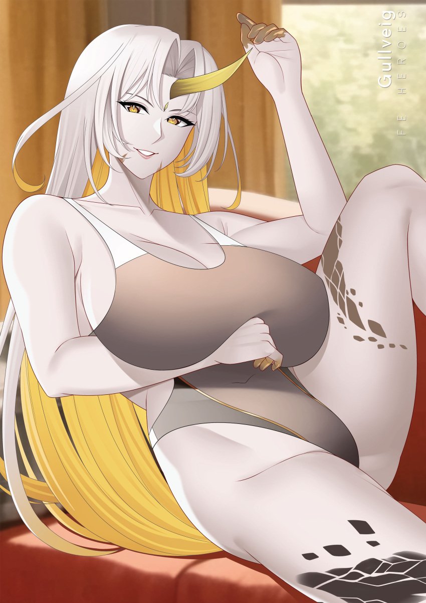 1girls alternate_costume arm_under_breasts aslindsamure bare_arms bare_thighs blonde_hair breasts brown_one-piece_swimsuit brown_swimsuit cleavage colored_inner_hair couch curvy female female_only fire_emblem fire_emblem_heroes grin gullveig_(fire_emblem) horn huge_breasts indoors leg_tattoo looking_at_viewer mature mature_female multicolored_hair nail_polish nintendo on_couch one-piece_swimsuit pale-skinned_female pale_skin sitting smile solo swimsuit tattoo thick_thighs thighs voluptuous white_hair window yellow_eyes yellow_nails