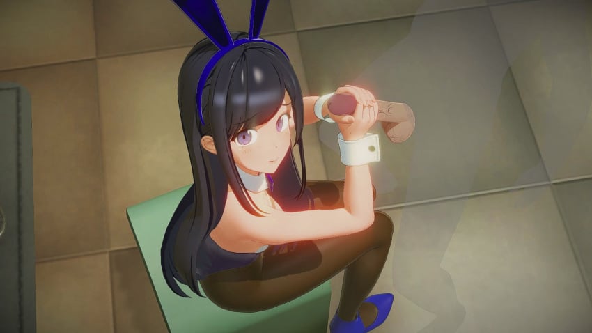 16:9 16:9_aspect_ratio 1boy 1boy1girl 1girls 3d aragaki_ayase black_hair black_pantyhose blue_shoes bunny_costume bunny_ears bunny_girl bunnysuit closed_mouth dark_hair female handjob indoors jerking jerkingoff_another light-skinned light-skinned_female light_skin long_hair looking_at_viewer male open_eyes ore_no_imouto_ga_konna_ni_kawaii_wake_ga_nai oreimo pantyhose penis penis_grab penis_tip shoes sitting testicles transparent_male