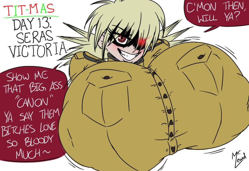 1girls 2023 alternate_breast_size blonde_hair breasts_bigger_than_head clothed clothed_female clothing english english_text female female_only glowing_eye hellsing hellsing_ultimate huge_breasts light-skinned_female light_skin light_skinned_female military_uniform mr.lewd nipple_bulge nipples_visible_through_clothing red_eyes seras_victoria shadow_over_eyes short_hair solo solo_female speech_bubble text text_bubble tit-mas_(mr.lewd) uniform vampire vampire_girl