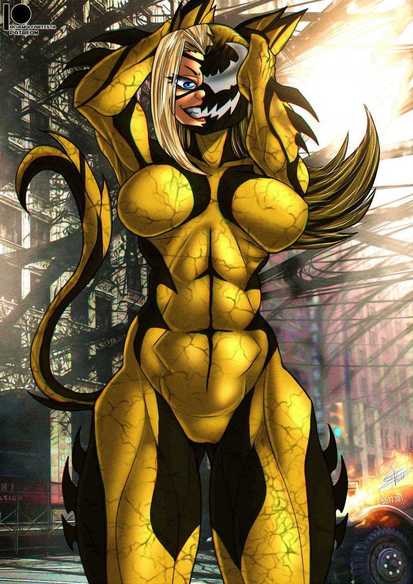 bluewolfartista body_modification brainwashing corruption female large_ass large_breasts lips marvel marvel_comics mid-transformation my_hero_academia personality_change phage_(marvel) smile spider-man_(series) symbiosis symbiote thick_thighs toned_stomach transformation tsuchikawa_ryuuko veiny_breasts wide_hips