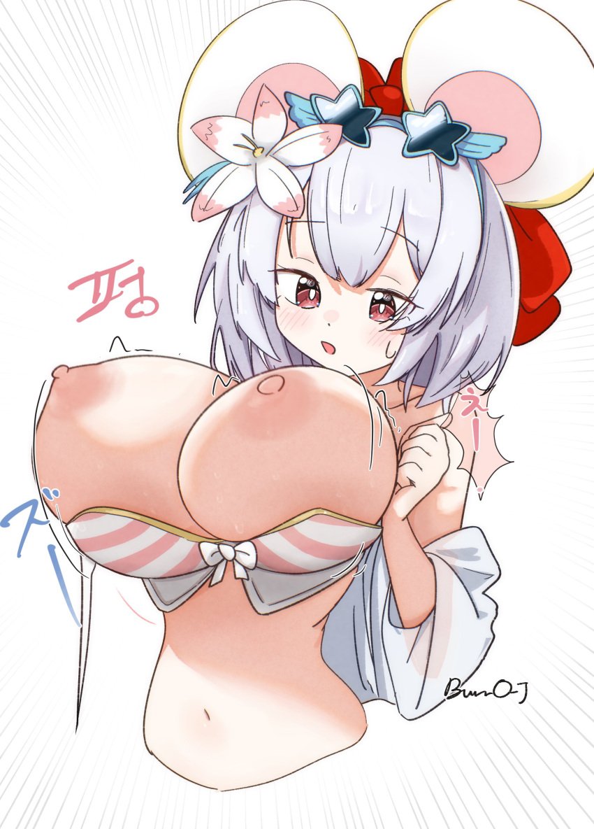 1girls areolae bikini bikini_top blush breasts bursting_breasts fake_animal_ears female female_only flower_in_hair granblue_fantasy headband huge_breasts light-skinned_female light_skin navel nipples open_mouth rat_ears red_eyes short_hair solo sunglasses sunglasses_on_head sweatdrop swimsuit vikala_(granblue_fantasy) wardrobe_malfunction white_hair