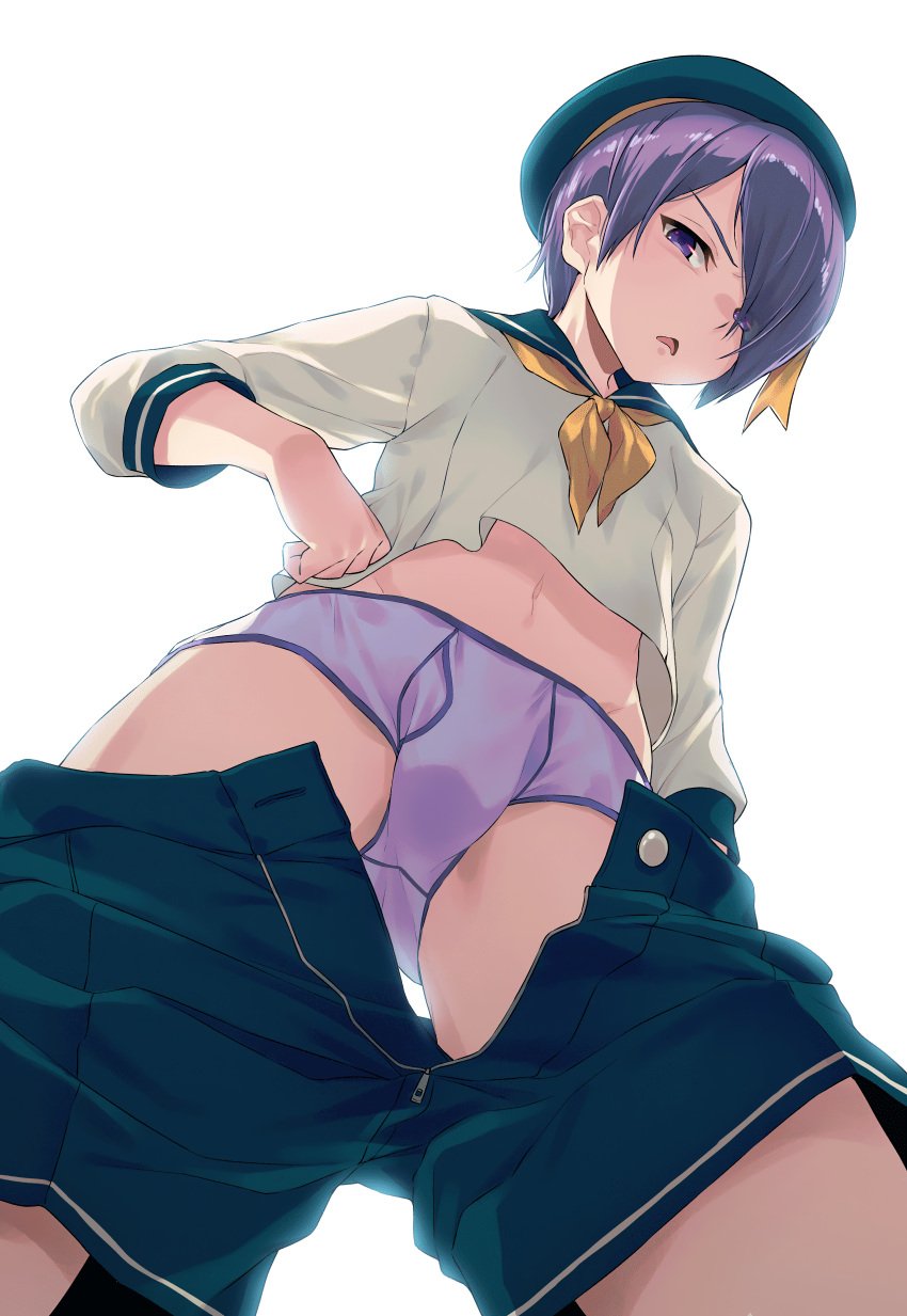 1boy 40hara ass_visible_through_thighs black_headwear blue_sailor_collar blue_shorts bulge clothes_pull eyes_visible_through_hair femboy from_below hair_over_one_eye hand_on_hip hat iya_na_kao_sare_nagara_opantsu_misete_moraitai long_sleeves looking_at_viewer looking_down male_focus male_underwear navel neckerchief open_clothes open_fly open_shorts purple_eyes purple_hair sailor_collar shirt shorts shorts_pull simple_background solo stomach trap unbuttoned underwear upscaled v-shaped_eyebrows very_high_resolution white_background white_shirt yellow_neckerchief