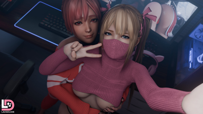 2girls 3d blender_(software) blonde_hair blue_eyes breasts dead_or_alive female hair_ribbon honoka_(doa) laosduude long_hair looking_at_viewer marie_rose mustard_sfm ribbon selfie sweater underboob yuri