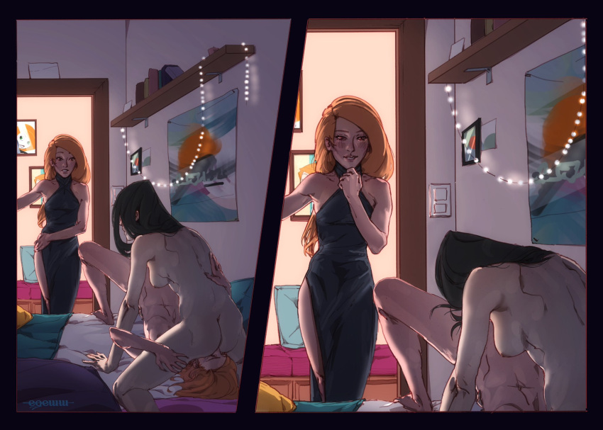 2d 2d_(artwork) 3girls 69 ann_possible artist_name bedroom black_dress black_hair blush cuckquean cunnilingus disney disney_channel dress e_qeww female female_only freckles green_eyes imminent_threesome kim_possible kimberly_ann_possible lesbian_sex long_hair milf mother_and_daughter motherly_cuckold multiple_girls orange_hair oyakodon shego short_hair side_slit yuri