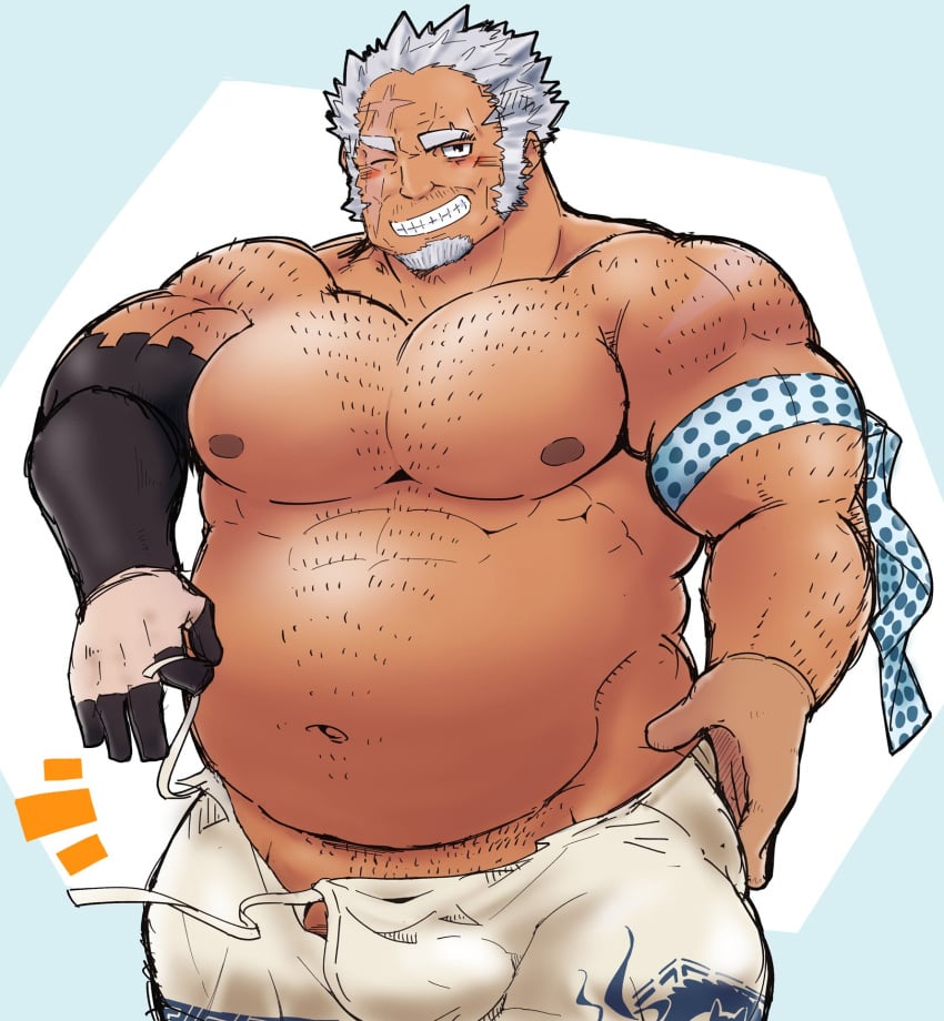 allstatus3 amatsumara_(tokyo_afterschool_summoners) balls bara bulge facial_hair grey_hair male male_only musclegut muscles muscular one_eye_closed penis scar scar_across_eye shirtless solo solo_male tokyo_afterschool_summoners undressing