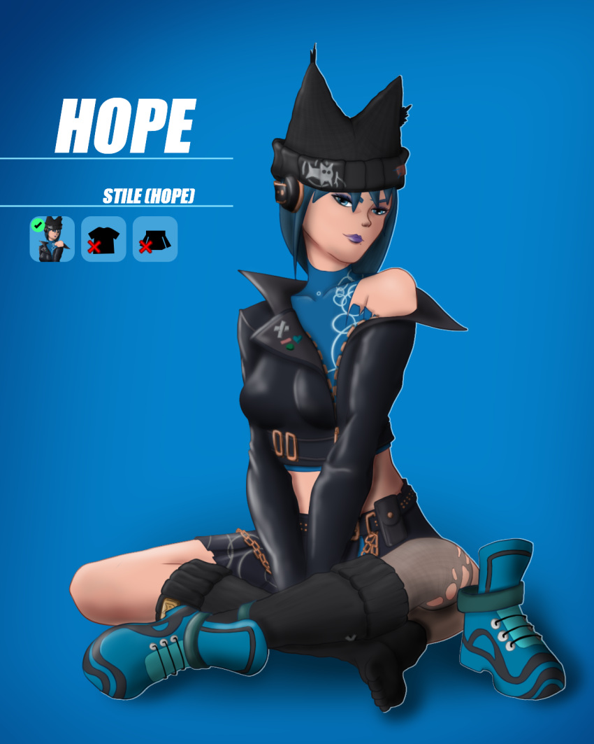 blue_eyes blue_hair cat_hat fortnite fortnite:_battle_royale hat hope_(fortnite) part_1 sitting_cross_legged skirt strip_game undressing_between_scenes waiting