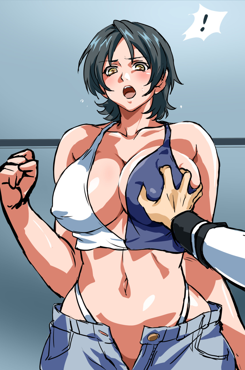 ! 1boy 1girls bible_black black_hair breasts breasts_squeezed_together brown_eyes cleavage crop_top curvy female female_focus fingernails grabbing grabbing_another's_breast highleg highleg_panties highres large_breasts looking_at_another looking_at_viewer mamesi-ii minase_yukiko navel nipples no_bra panties partial_male shiny_skin shirt short_hair short_shorts shorts straight surprised sweat sweatdrop thong two-tone_shirt underwear white_panties white_shirt wide_hips zipper