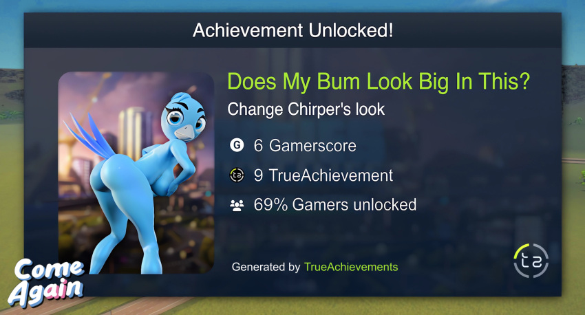 2023 69_(number) achievement achievement_unlocked ai_generated animal_humanoid anthro ass avian bending_forward bending_over big_breasts big_butt bird bird_feet bird_legs blender blender_(software) blue_body blue_feathers blue_hair chirper cities:_skylines comeagainai feathers feet female female_only groping_breasts holding_breast humanoid looking_at_viewer looking_back nude sagging_breasts solo solo_female stable_diffusion thick_thighs thighs twitter video_game video_games