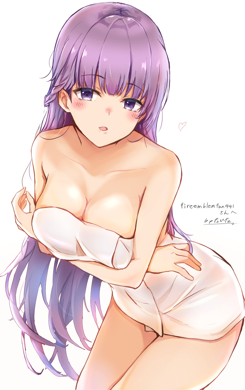 1girls absurdres artist_name bent_over big_breasts blush braid breasts cleavage collarbone commission female fire_emblem fire_emblem:_the_binding_blade french_braid highres long_hair looking_at_viewer medium_breasts naked_towel nintendo open_mouth purple_eyes purple_hair solo solo_female sophia_(fire_emblem) tahita1874 towel very_long_hair