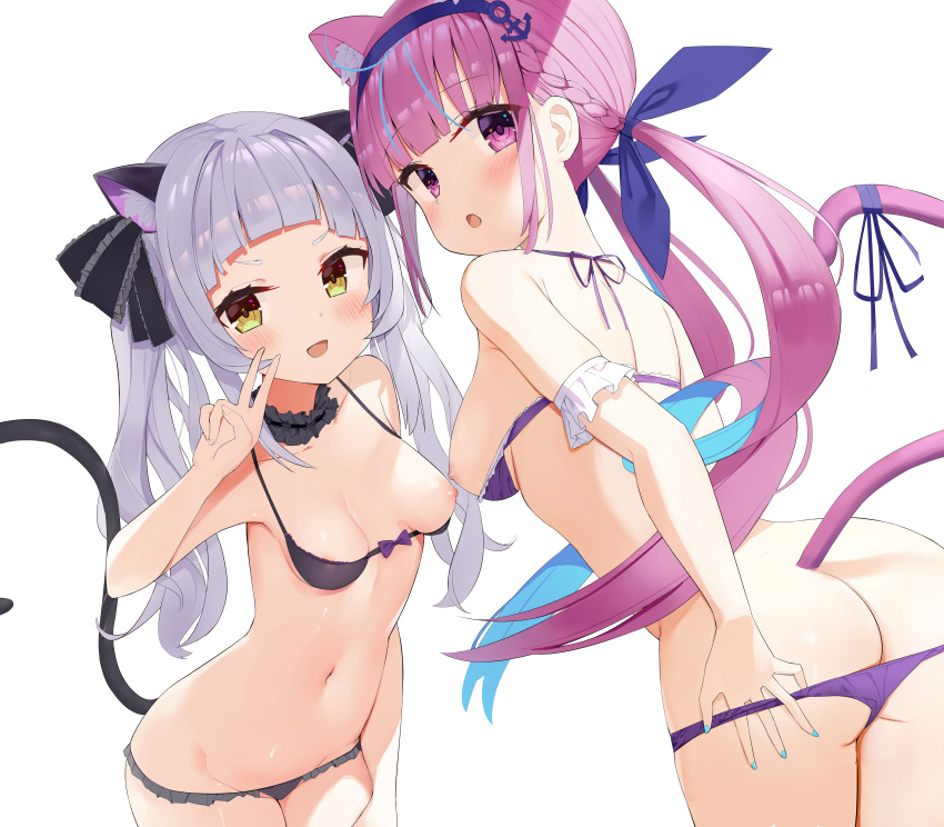 2girls animal_ears ass ass_cleavage blush breasts butt_crack cat_ears female female_only grey_hair hololive hololive_gen_2 hololive_japan lingerie looking_at_viewer medium_breasts minato_aqua multiple_girls murasaki_shion nipple_slip nipples peace_sign purple_eyes purple_hair twintails underwear undressing virtual_youtuber yellow_eyes zhiyou_ruozhe