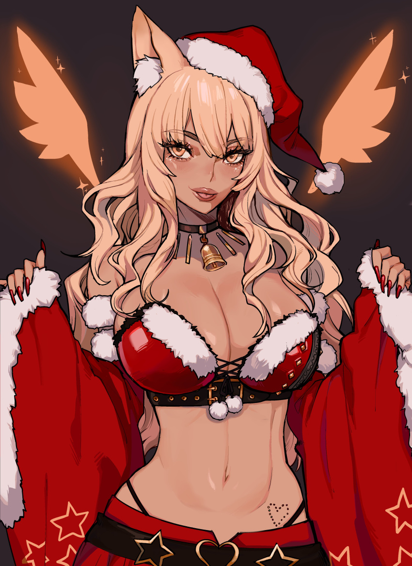 absurdres animal_ear_fluff animal_ears bangs bare_shoulders bell bell_choker black_background blonde_hair breasts choker cleavage collarbone dark-skinned_female dark_skin detached_sleeves energy_wings ennuigrl fate/grand_order fate_(series) female fox_ears fur_trim gyaru hat highres large_breasts lips long_hair looking_at_viewer navel santa_costume santa_hat suzuka_gozen_(fate) suzuka_gozen_(santa) suzuka_gozen_(santa)_(fate) wide_sleeves wings yellow_eyes