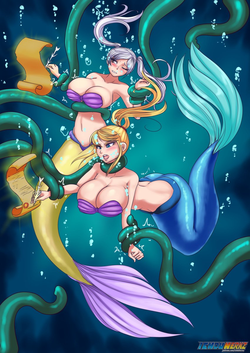 2_mermaids 2girls big_breasts cleavage contract female fire_emblem fire_emblem_awakening huge_breasts ichduhernz large_breasts mermaid metroid multiple_girls nintendo png robin_(fire_emblem) robin_(fire_emblem)_(female) samus_aran shell_bra signing_contract super_smash_bros. tentacle twintails underwater