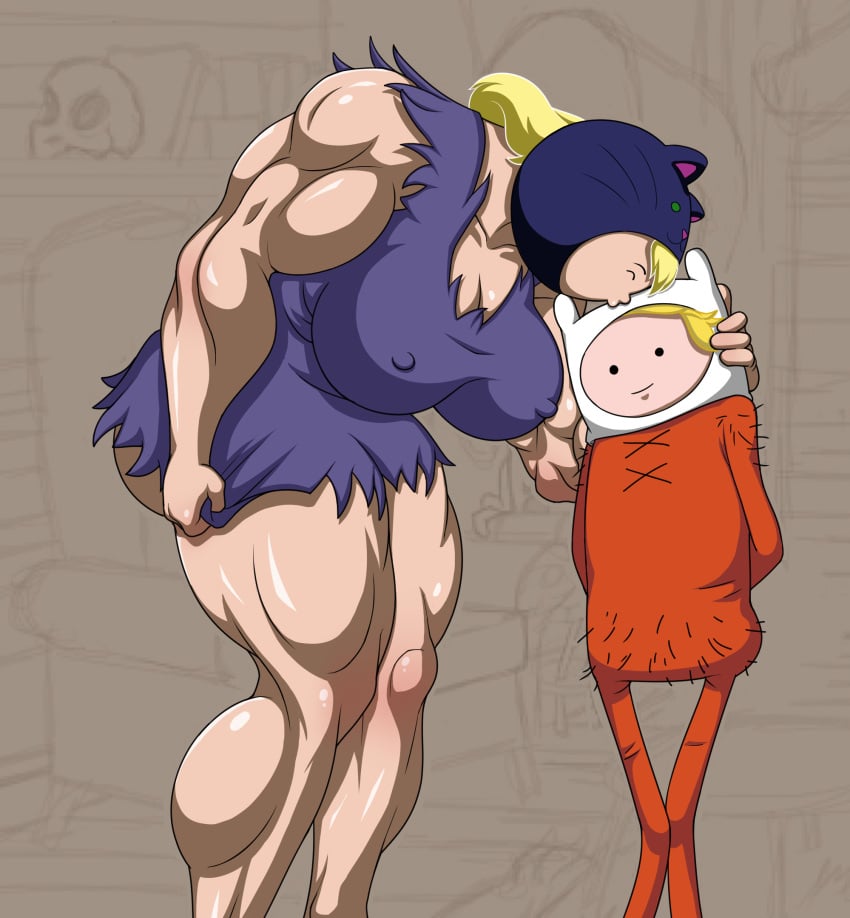 adventure_time age_difference ass big_ass blonde_hair breasts dress edit erect_nipples fake_animal_ears female finn_the_human hi_res hood huge_ass hyper_breasts kissing large_breasts lawgick muscular_female pajamas simple_background size_difference somka108 sundress susan_strong