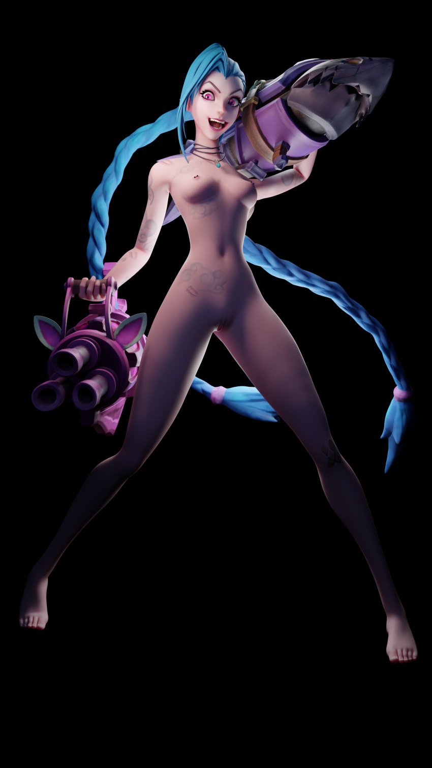 1girls 3d barefoot black_background blender blue_hair braided_hair braided_twintails breasts bullet_necklace casual completely_naked completely_nude completely_nude_female confident confidently_naked crazy crazy_eyes crazy_smile dom3d female female_focus female_only firearm gun holding_gun holding_weapon human jinx_(league_of_legends) league_of_legends light-skinned_female light_skin looking_at_viewer minigun necklace necklace_only nipple_piercing nipples nude nude_female nudist open_mouth pale-skinned_female pale_skin pierced_nipples pink_eyes riot_games rocket_launcher shaved_pussy simple_background small_breasts solo tagme tattoo tattoos weapon