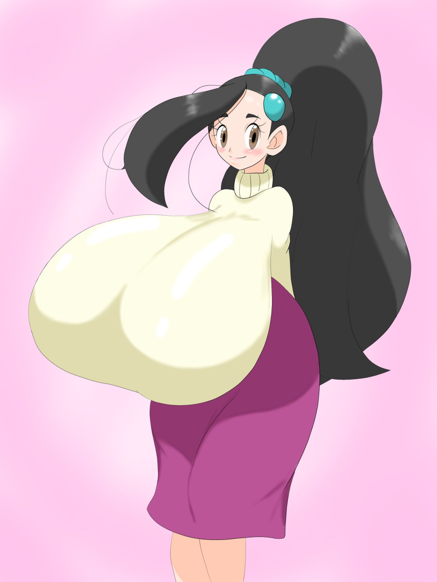 1girls alternate_hairstyle big_breasts black_hair blush breasts breasts_bigger_than_head candice_(pokemon) clothed clothed_female eyelashes female female_only gigantic_breasts hands_behind_back long_hair looking_at_viewer milf nintendo nuruudon pale-skinned_female pale_skin pokemon pokemon_dppt ponytail smile solo solo_female standing tagme turtleneck voluptuous