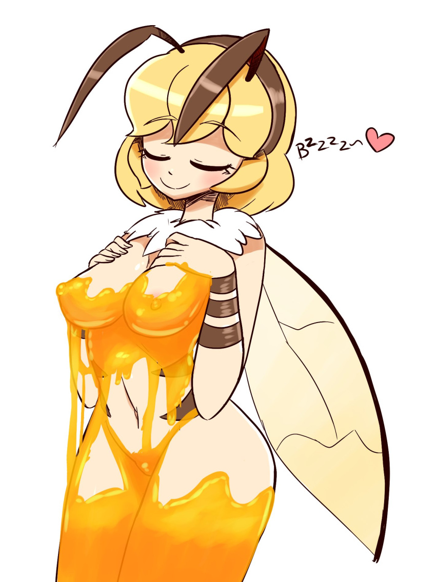 anthro bee bee_girl blonde blonde_hair blush bzzz collar covered_in_honey eyes_closed female fuze headband heart honey insect partially_clothed smile solo solo_female tagme text unknown_artist wings