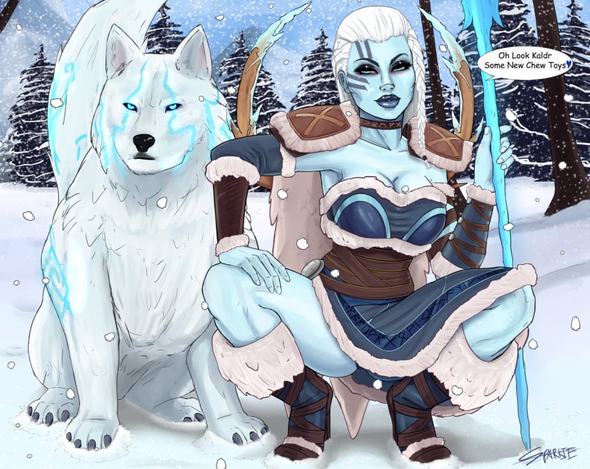 1girls blue_eyes blue_skin breasts cleavage dialogue english_text female fur heart ice kaldr skadi_(smite) smite snow solo sparkietheartist speech_bubble spread_legs thick_thighs white_hair