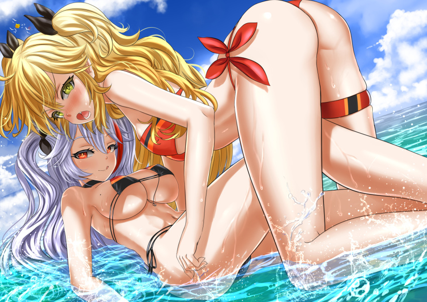 2girls :p admiral_hipper_(azur_lane) angry ass azur_lane bent_over bikini blonde_hair blush breasts choker embarrassed green_eyes highres kein_hasegawa large_breasts long_hair looking_at_viewer mole mole_on_breast mole_under_eye multiple_girls ocean open_mouth outdoors prinz_eugen_(azur_lane) prinz_eugen_(unfading_smile)_(azur_lane) red_eyes side-tie_bikini silver_hair sitting smile swimsuit thigh_strap tongue tongue_out twintails water wet