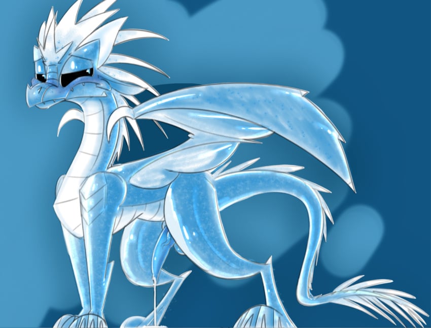 anonymous_artist balls blush bodily_fluids cum cum_drip dragon dripping erection feral genital_fluids genitals hi_res horn icewing_(wof) male penis scalie simple_background solo western_dragon wings wings_of_fire winter_(wof)