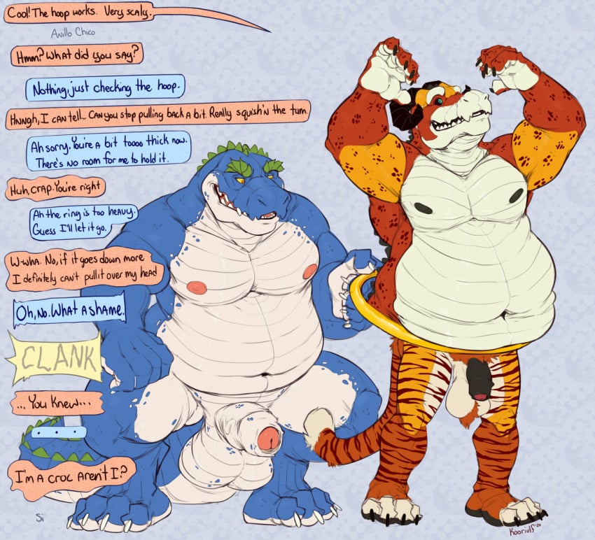 2020 4_toes anthro ball_tuft balls belly black_sclera body_size_growth chubby_male claws crocodile crocodilian crocodylid crouching dialogue digital_media_(artwork) digitigrade duo duo_focus english_text feet felid fingers flaccid foreskin fur genitals group half-erect horn hybrid koorivlf male male/male mammal mid_transformation nipples nude open_mouth overweight overweight_male pantherine paws penis plantigrade procyonid raccoon reptile scales scalie simple_background size_transformation slightly_chubby smile spanish_text species_transformation speech_bubble standing striped_fur teeth text tiger toes transformation translated tuft uncut vein veiny_penis weight_gain yellow_sclera zaszthecroc