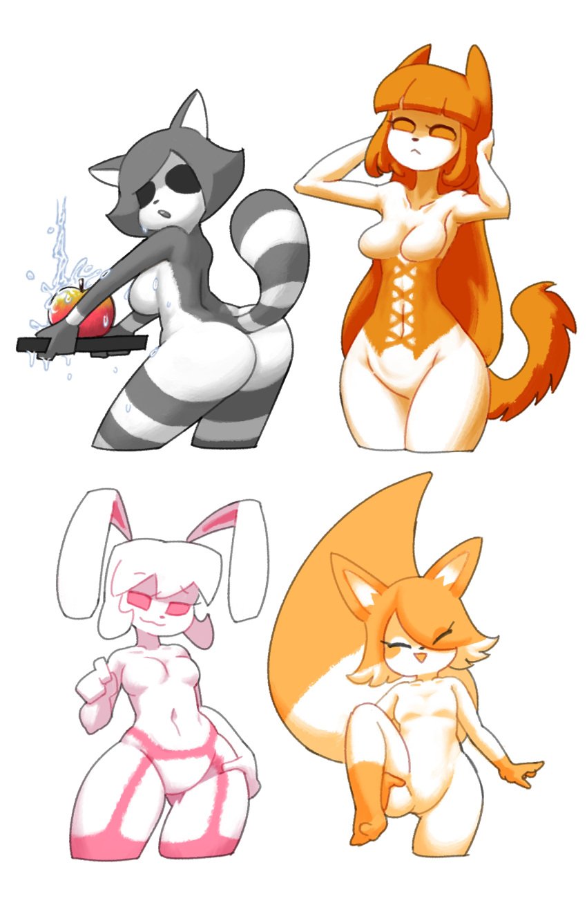 4girls anthro blunt_bangs bunny bunny_girl butt_focus female focks fox_girl fur_pattern furry furry_only hopping_bullet knock_cloud_man lingerie_pattern_pets minus8 original raccoon raccoon_girl thigh_focus tiedy.w weasel weasel_girl