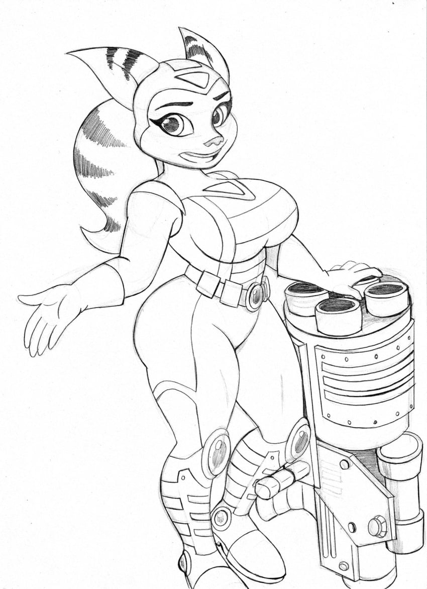 1girls alien_girl angela_cross anthro arched_back belt big_breasts black_and_white blue_eyes boots breasts clothing curvaceous curvy curvy_figure doodle feline female female_only fur furry gloves gun hands_up hips jumpsuit navel omegasunburst ponytail ratchet_and_clank sketch solo solo_female solo_focus stripes thick thick_thighs thighs voluptuous weapon wide_hips