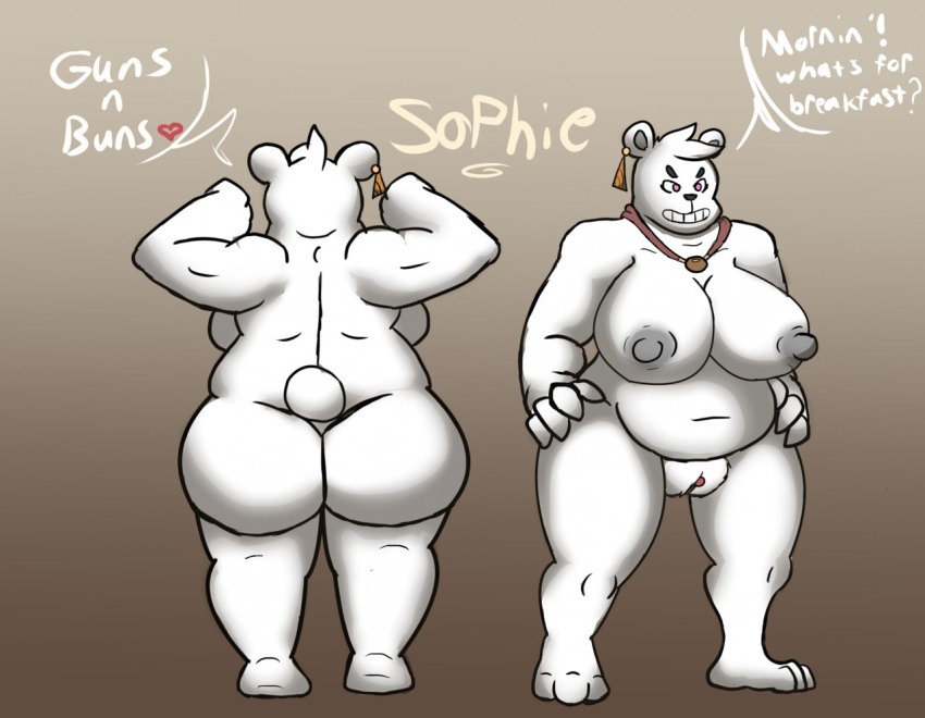 anthro ass belly big_belly big_breasts big_butt breasts clitoris ear_piercing ear_ring female fur genitals grey_nipples hair huge_breasts ironkongstudios jewelry mammal model_sheet muscular_arms navel necklace nipples overweight overweight_anthro overweight_female piercing pink_eyes polar_bear pussy solo sophie_(ironkongstudios) ursid ursine white_body white_fur white_hair