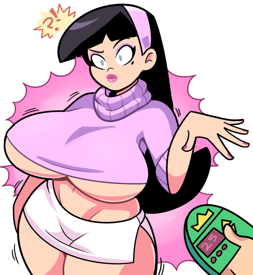 1girls ?! aged_up big_breasts black_hair breasts disembodied_hand eyeshadow female female_only headband huge_breasts large_breasts light-skinned_female light_skin lipstick mole_under_eye nickelodeon purple_headwear purple_sweater remote_control short_skirt skirt solo solo_female superspoe surprised sweater tagme the_fairly_oddparents trixie_tang underboob white_background white_skirt