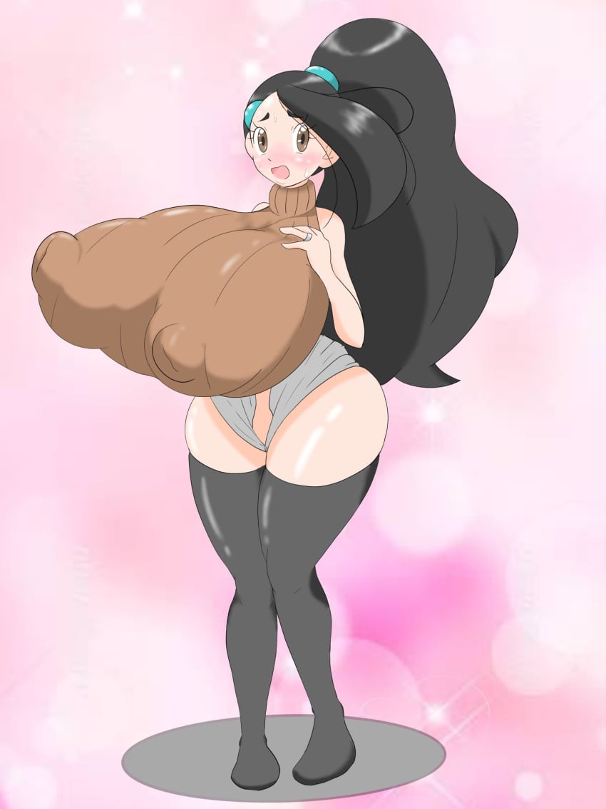 1girls alternate_hairstyle big_breasts black_hair black_legwear blush breasts brown_eyes candice_(pokemon) clothed clothed_female covering_crotch embarrassed erect_nipples erect_nipples_under_clothes female female_only hand_on_breast huge_breasts long_hair nervous nintendo nipple_bulge nuruudon open_mouth pale-skinned_female pale_skin pokemon pokemon_dppt ponytail ring short_skirt skirt solo solo_female standing sweat thick_thighs thighhighs turtleneck voluptuous wedding_ring wide_hips